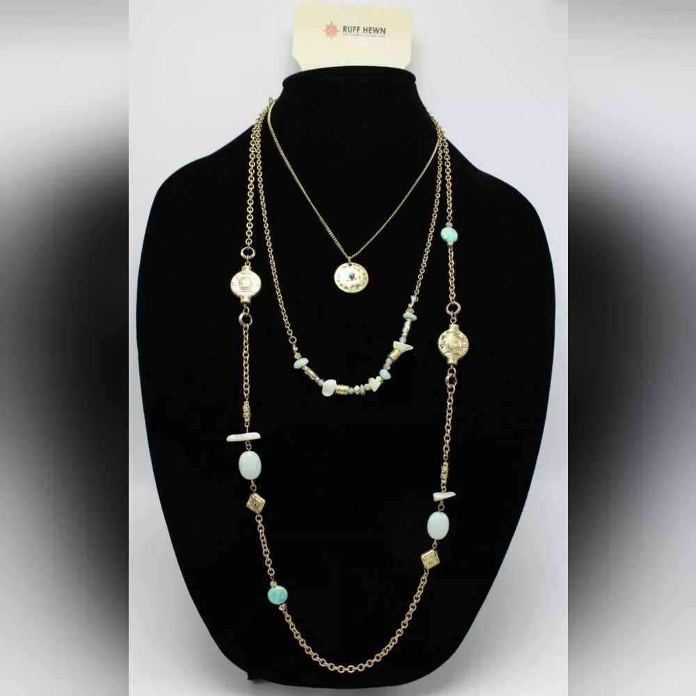 Ruff Hewn Gold and Blue Layered Multi Necklace Set 19" NWT